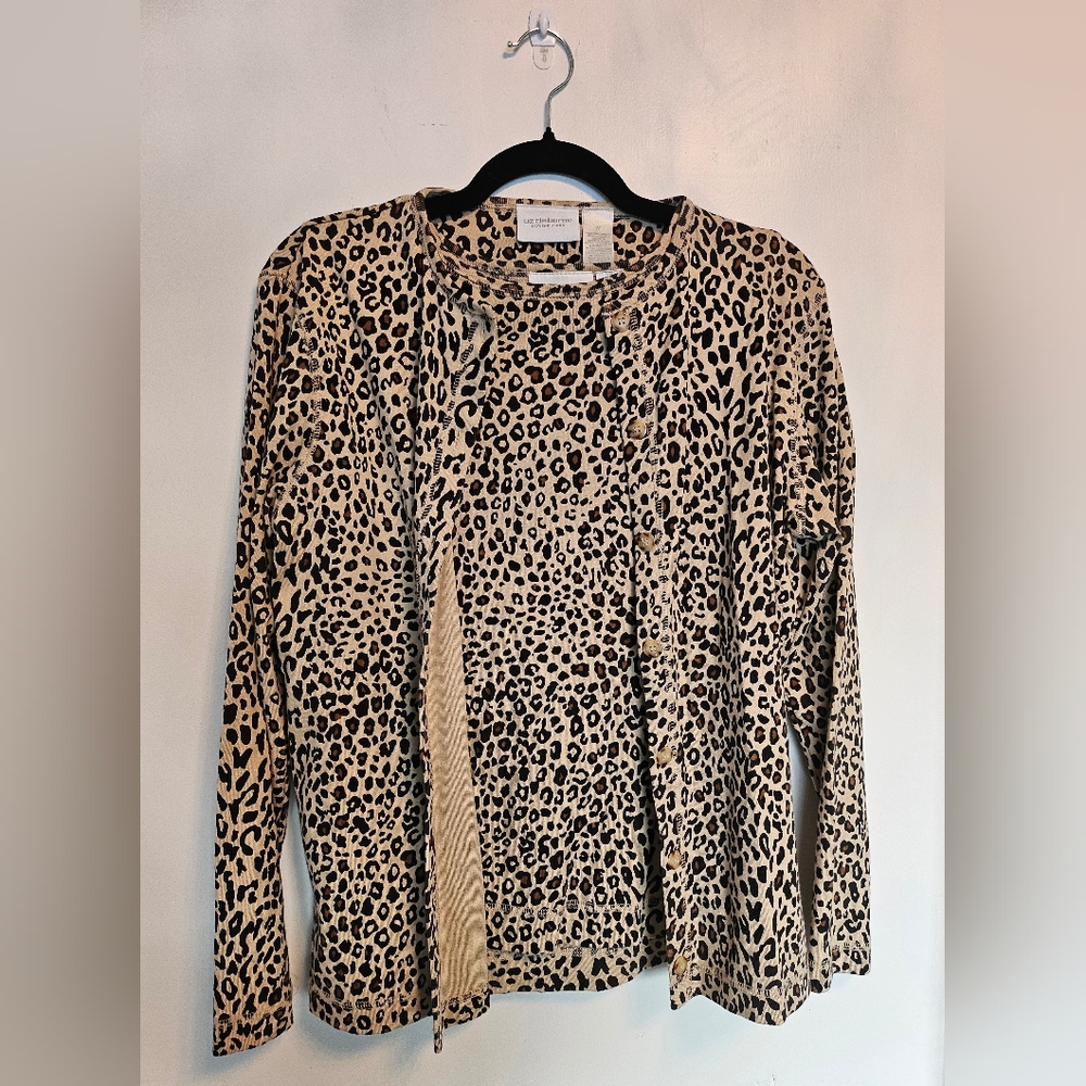 Liz Claiborne Beige and Black Leopard Print Cardigan Sweater